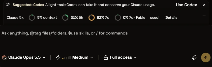 Codex routing suggestion and usage meters