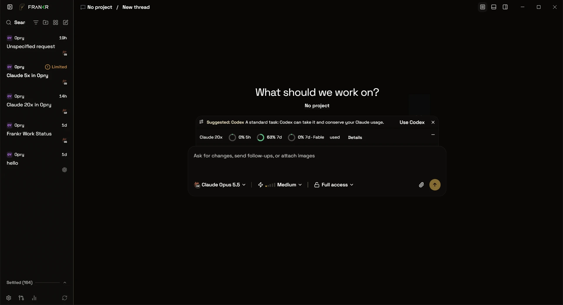 The Frankr desktop app on a new thread, asking what should we work on, with Claude Opus 5.5 selected